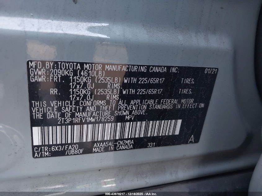 2021 Toyota Rav4 Xle VIN: 2T3P1RFV1MW178259 Lot: 43970217