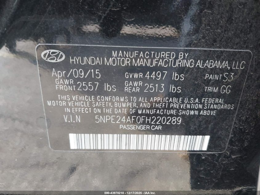 2015 Hyundai Sonata Se VIN: 5NPE24AF0FH220289 Lot: 43970218