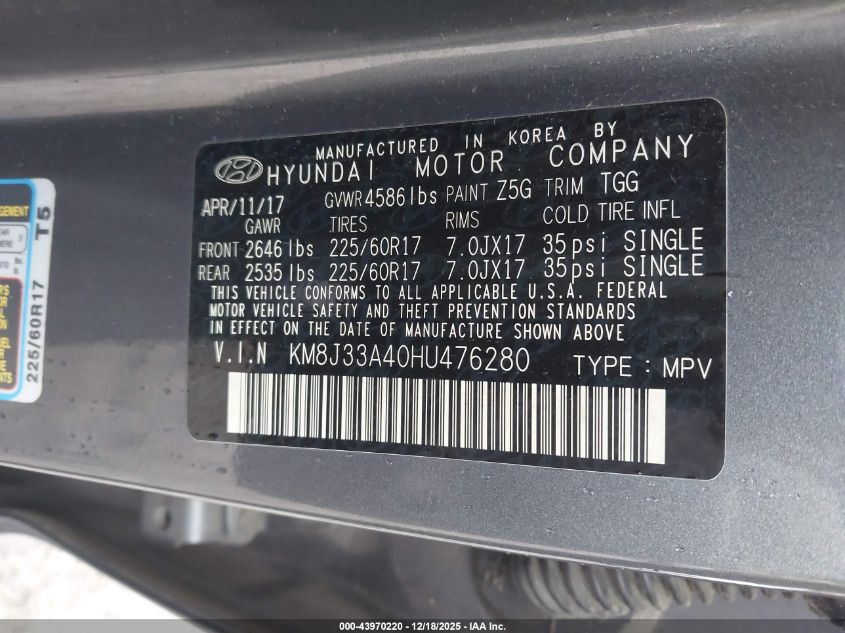 2017 Hyundai Tucson Se VIN: KM8J33A40HU476280 Lot: 43970220