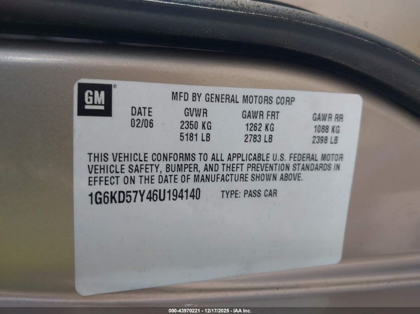 2006 Cadillac Dts Standard VIN: 1G6KD57Y46U194140 Lot: 43970221
