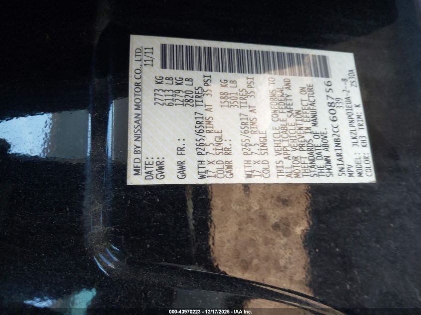 2012 Nissan Pathfinder Silver VIN: 5N1AR1NB2CC608756 Lot: 43970223