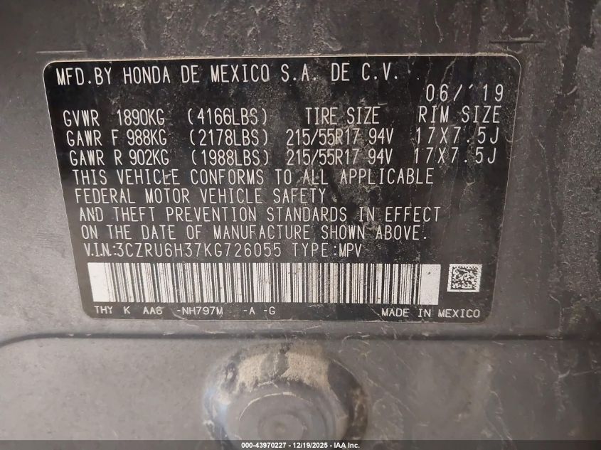 2019 Honda Hr-V Lx VIN: 3CZRU6H37KG726055 Lot: 43970227