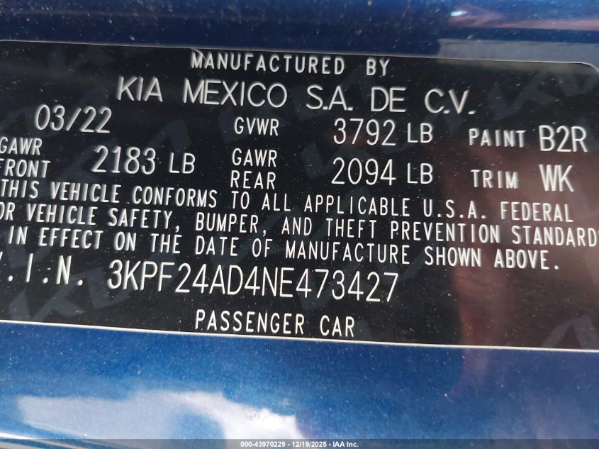 2022 Kia Forte Lxs VIN: 3KPF24AD4NE473427 Lot: 43970229