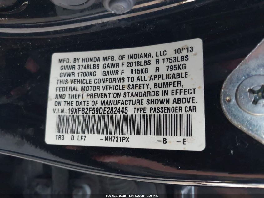 2013 Honda Civic Lx VIN: 19XFB2F59DE282445 Lot: 43970230