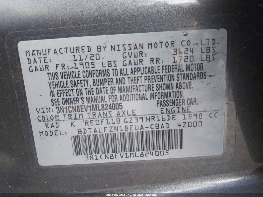 2021 Nissan Versa Sv Xtronic Cvt VIN: 3N1CN8EV1ML824005 Lot: 43970231