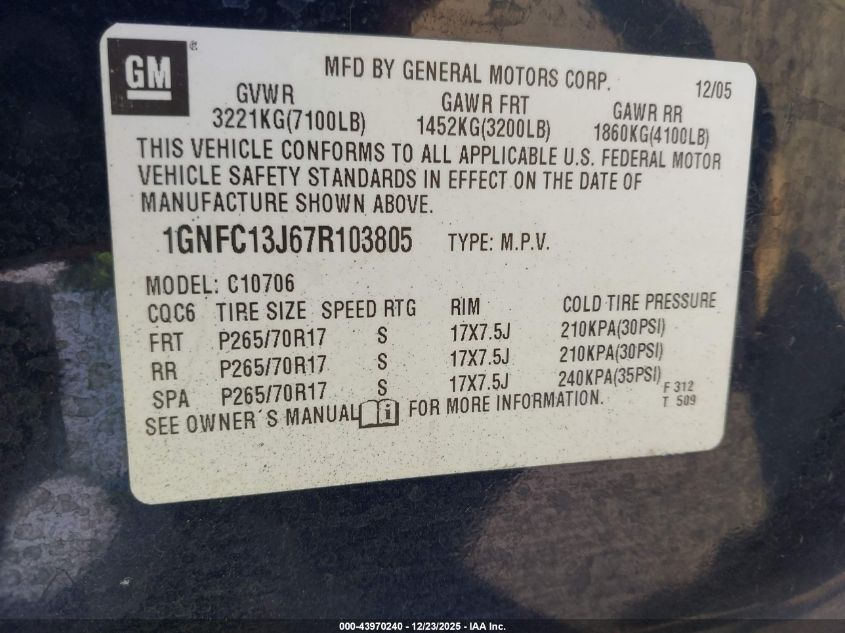 2007 Chevrolet Tahoe Lt VIN: 1GNFC13J67R103805 Lot: 43970240