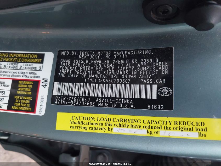 2011 Toyota Camry Le VIN: 4T1BF3EK5BU700607 Lot: 43970241