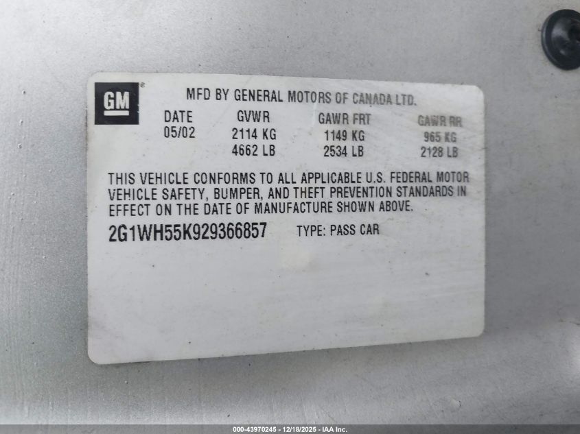 2002 Chevrolet Impala Ls VIN: 2G1WH55K929366857 Lot: 43970245