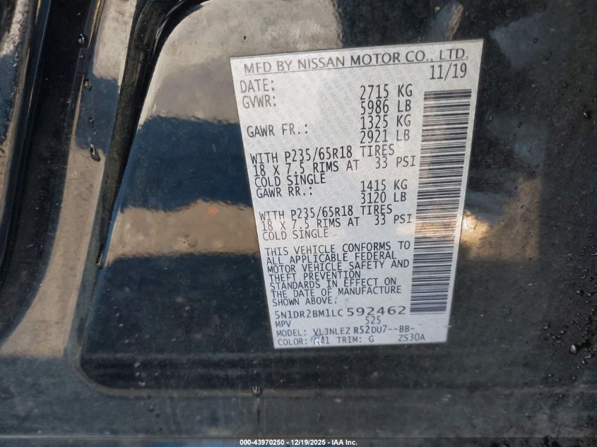 2020 Nissan Pathfinder Sv 4Wd VIN: 5N1DR2BM1LC592462 Lot: 43970250