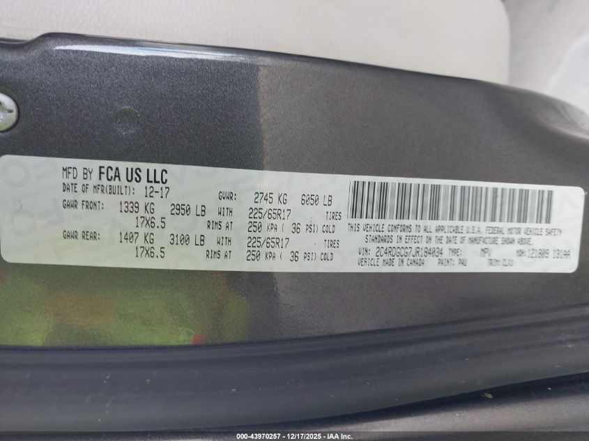 2018 Dodge Grand Caravan Sxt VIN: 2C4RDGCG7JR184034 Lot: 43970257