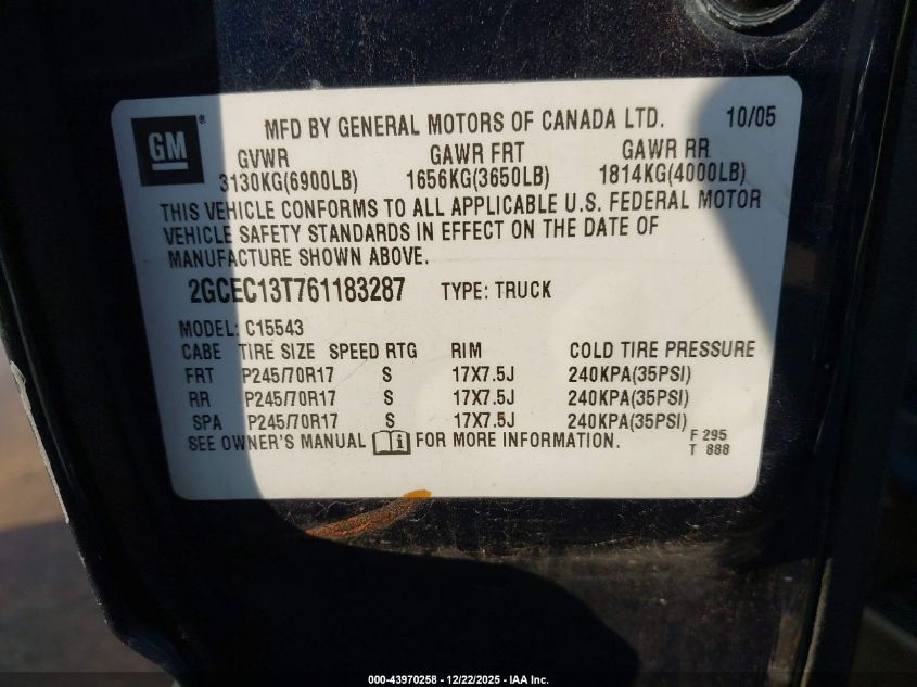 2006 Chevrolet Silverado 1500 Lt1 VIN: 2GCEC13T761183287 Lot: 43970258