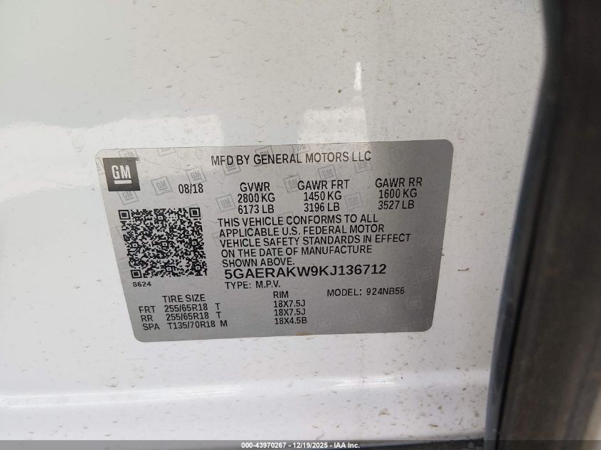 2019 Buick Enclave Fwd Preferred VIN: 5GAERAKW9KJ136712 Lot: 43970267