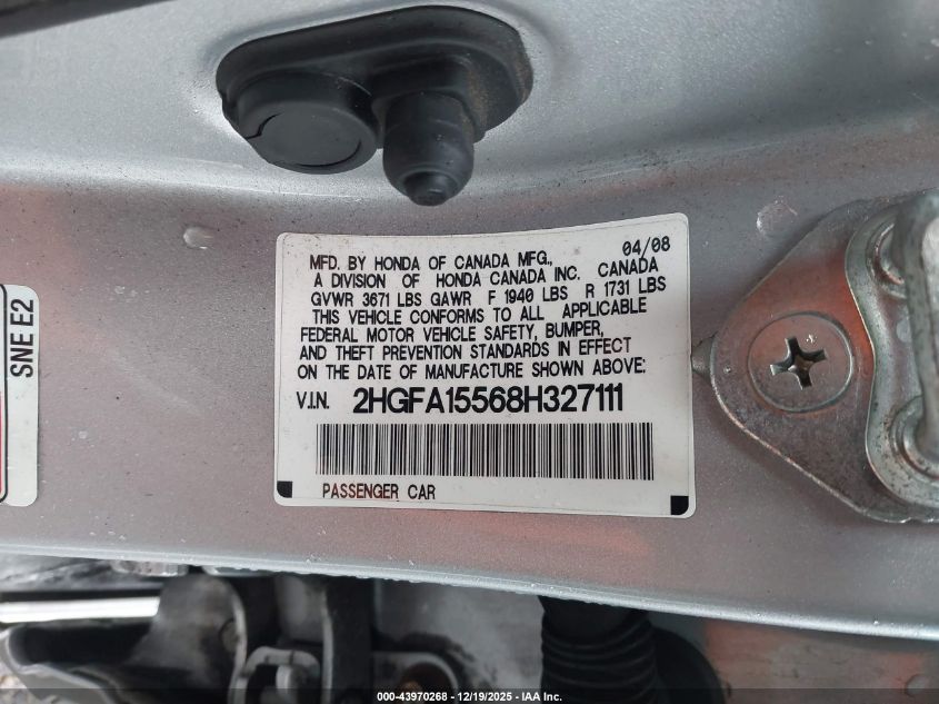 2008 Honda Civic Lx VIN: 2HGFA15568H327111 Lot: 43970268