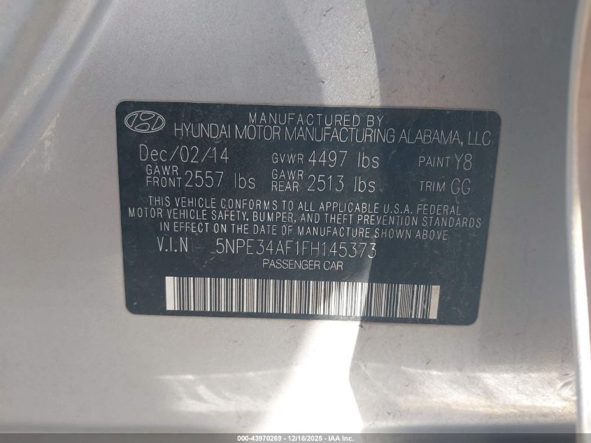 2015 Hyundai Sonata Limited VIN: 5NPE34AF1FH145373 Lot: 43970269