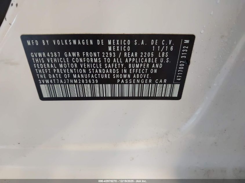 2017 Volkswagen Jetta Gli VIN: 3VW4T7AJ7HM283639 Lot: 43970270