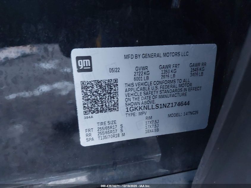 2022 GMC Acadia Awd At4 VIN: 1GKKNLLS1NZ174644 Lot: 43970271