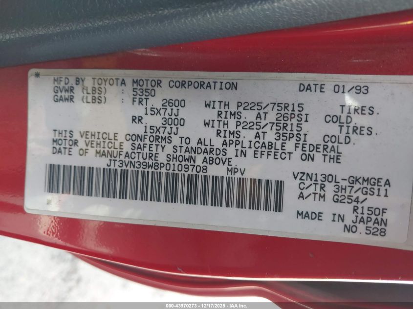1993 Toyota 4Runner Vn39 Sr5 VIN: JT3VN39W8P0109708 Lot: 43970273