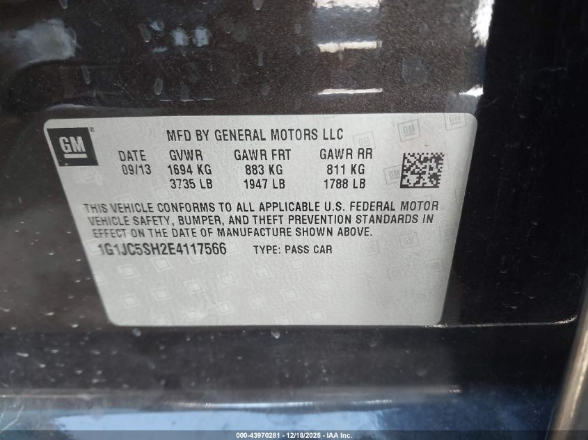 2014 Chevrolet Sonic Lt Auto VIN: 1G1JC5SH2E4117566 Lot: 43970281