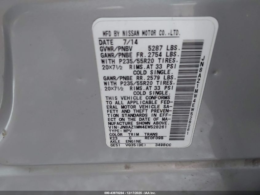 2014 Nissan Murano Le VIN: JN8AZ1MW4EW528261 Lot: 43970284