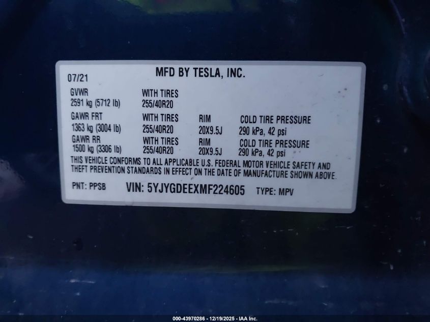 2021 Tesla Model Y Long Range Dual Motor All-Wheel Drive VIN: 5YJYGDEEXMF224605 Lot: 43970286