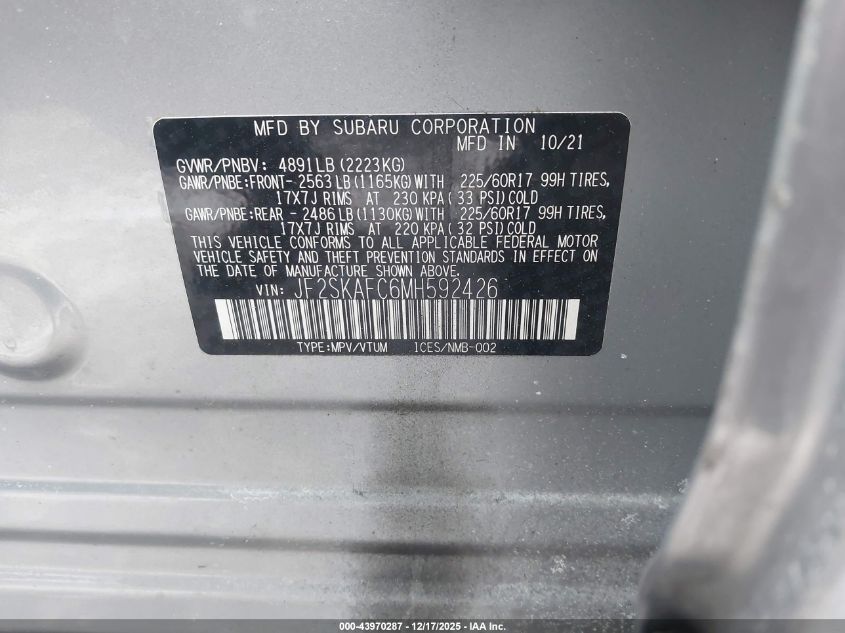 2021 Subaru Forester Premium VIN: JF2SKAFC6MH592426 Lot: 43970287