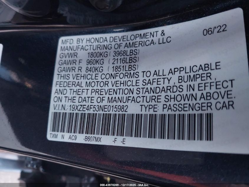 2022 Honda Insight Ex VIN: 19XZE4F53NE015982 Lot: 43970289