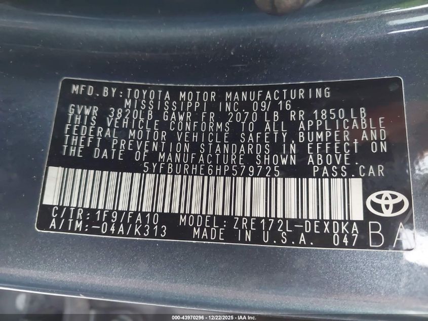 2017 Toyota Corolla L VIN: 5YFBURHE6HP579725 Lot: 43970296