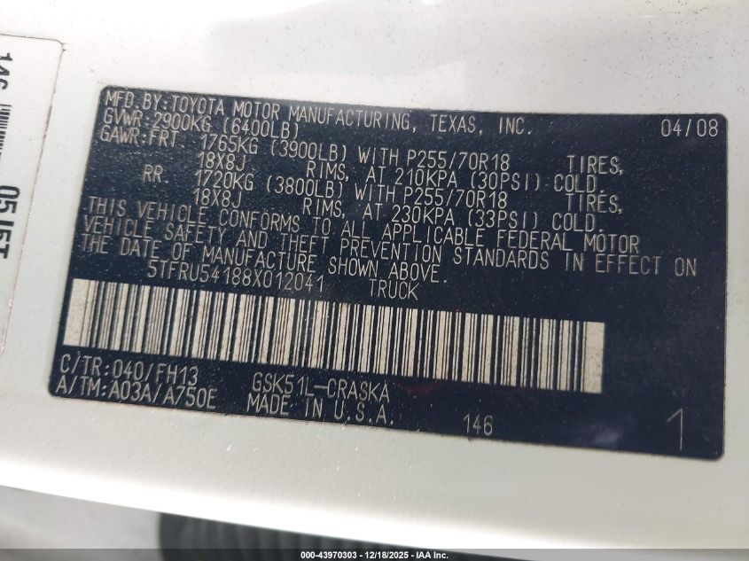 2008 Toyota Tundra Sr5 V6 VIN: 5TFRU54188X012041 Lot: 43970303
