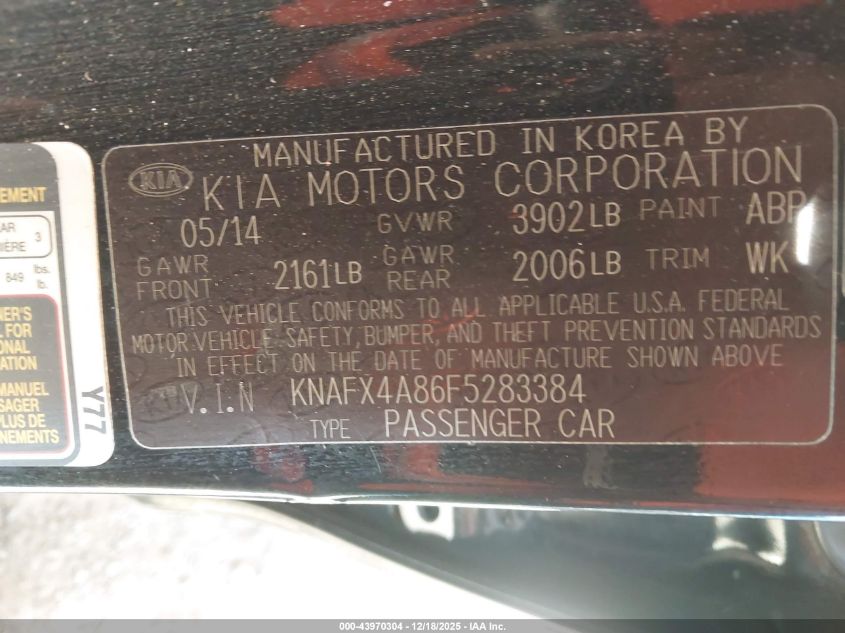 2015 Kia Forte Ex VIN: KNAFX4A86F5283384 Lot: 43970304