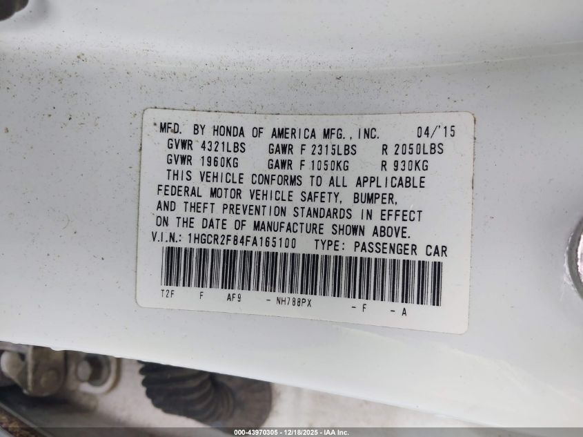 2015 Honda Accord Ex-L VIN: 1HGCR2F84FA165100 Lot: 43970305