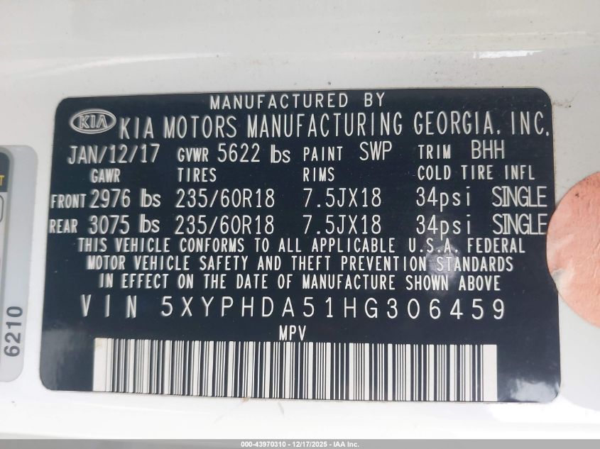 2017 Kia Sorento 3.3L Ex VIN: 5XYPHDA51HG306459 Lot: 43970310