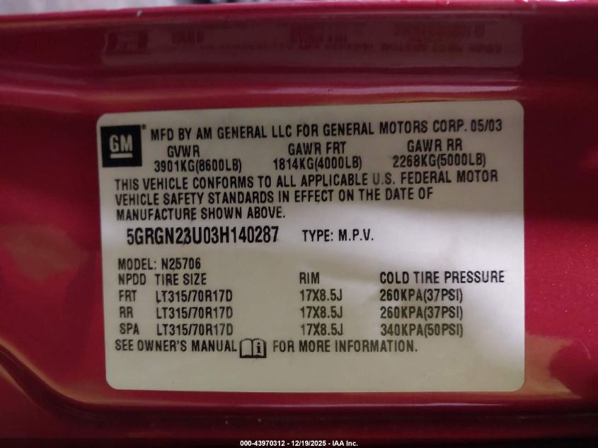 2003 Hummer H2 VIN: 5GRGN23U03H140287 Lot: 43970312