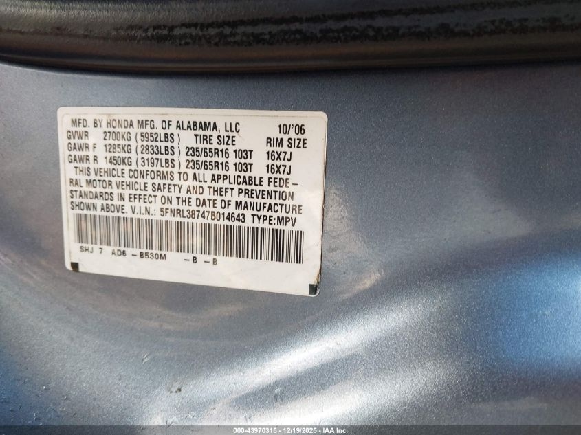 2007 Honda Odyssey Ex-L VIN: 5FNRL38747B014643 Lot: 43970315