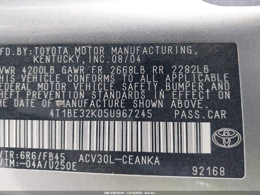 2005 Toyota Camry Le VIN: 4T1BE32K05U967245 Lot: 43970316