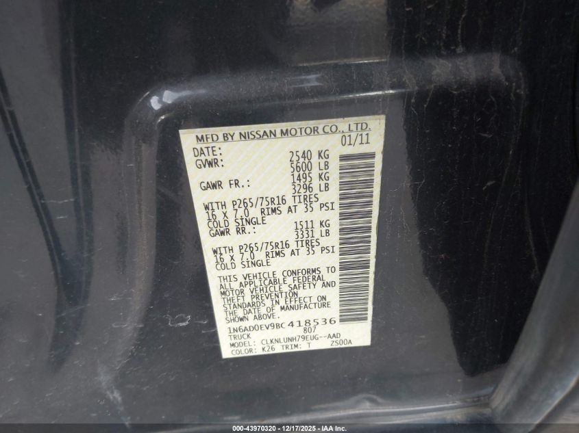 2011 Nissan Frontier Pro-4X VIN: 1N6AD0EV9BC418536 Lot: 43970320