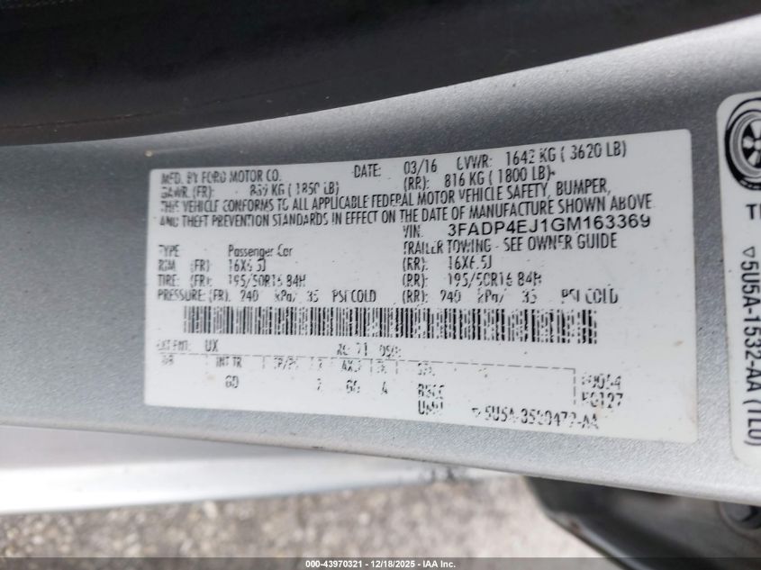 2016 Ford Fiesta Se VIN: 3FADP4EJ1GM163369 Lot: 43970321