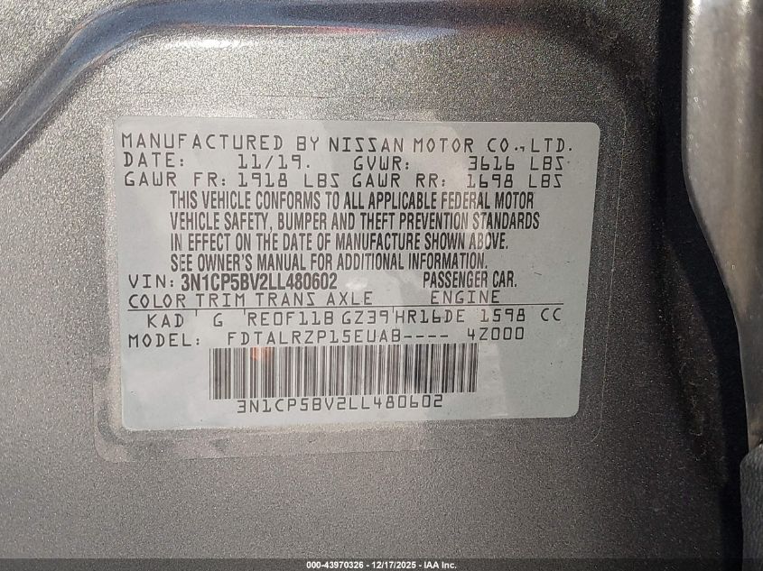 2020 Nissan Kicks S Xtronic Cvt VIN: 3N1CP5BV2LL480602 Lot: 43970326