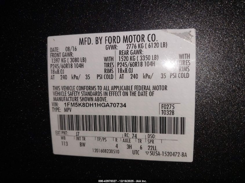 2017 Ford Explorer Xlt VIN: 1FM5K8DH1HGA70734 Lot: 43970327