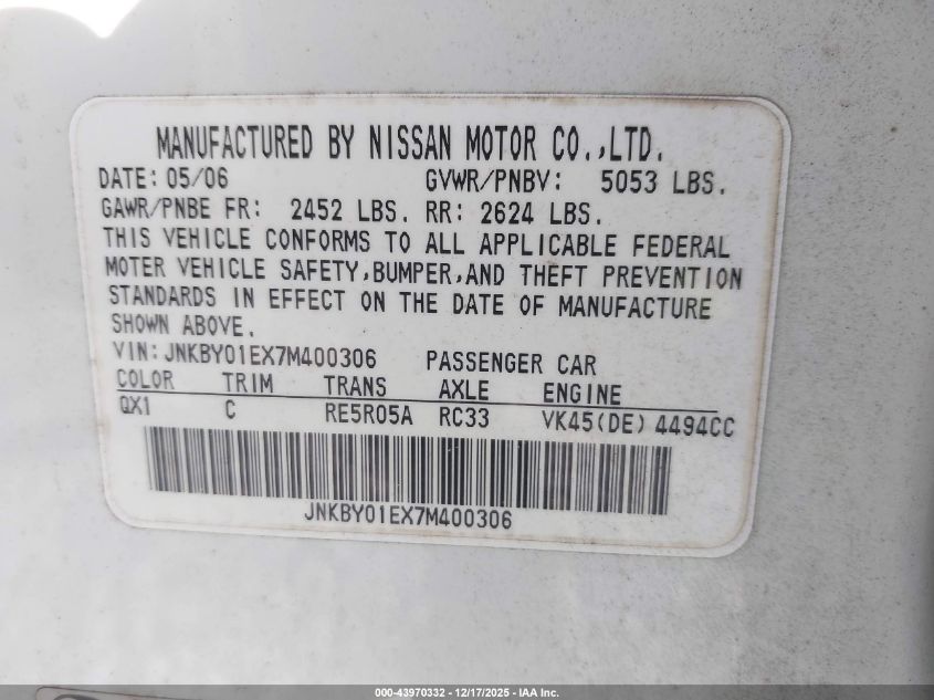 2007 Infiniti M45 VIN: JNKBY01EX7M400306 Lot: 43970332