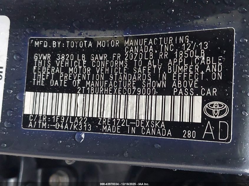 2014 Toyota Corolla S Premium VIN: 2T1BURHEXEC079000 Lot: 43970334