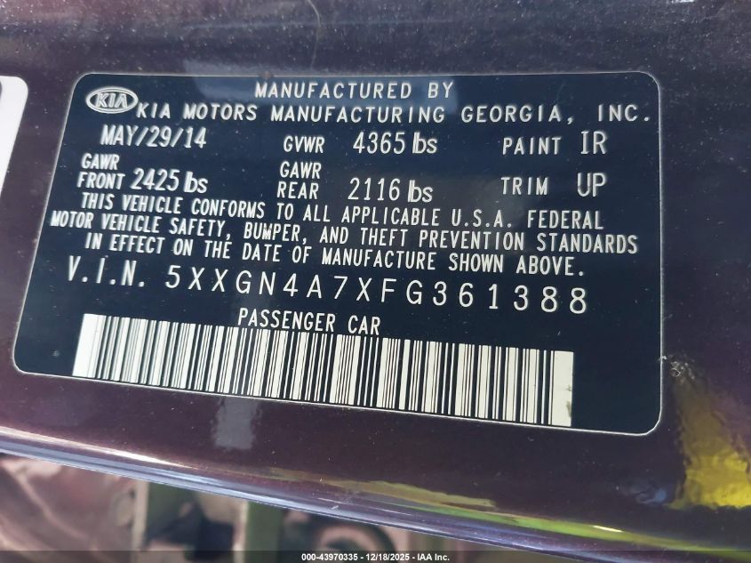 2015 Kia Optima Ex VIN: 5XXGN4A7XFG361388 Lot: 43970335