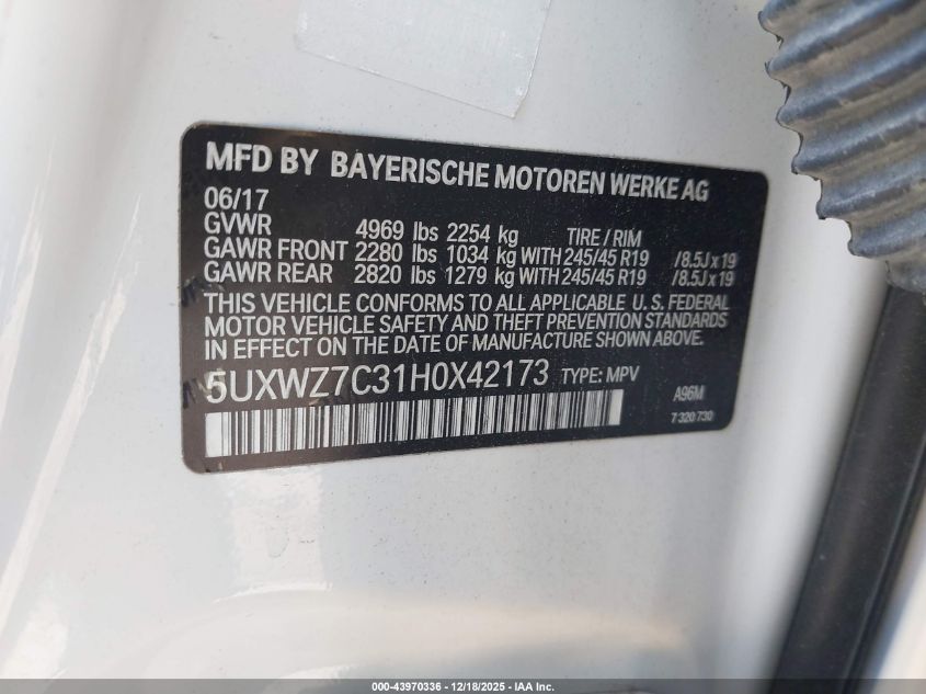 2017 BMW X3 Sdrive28I VIN: 5UXWZ7C31H0X42173 Lot: 43970336