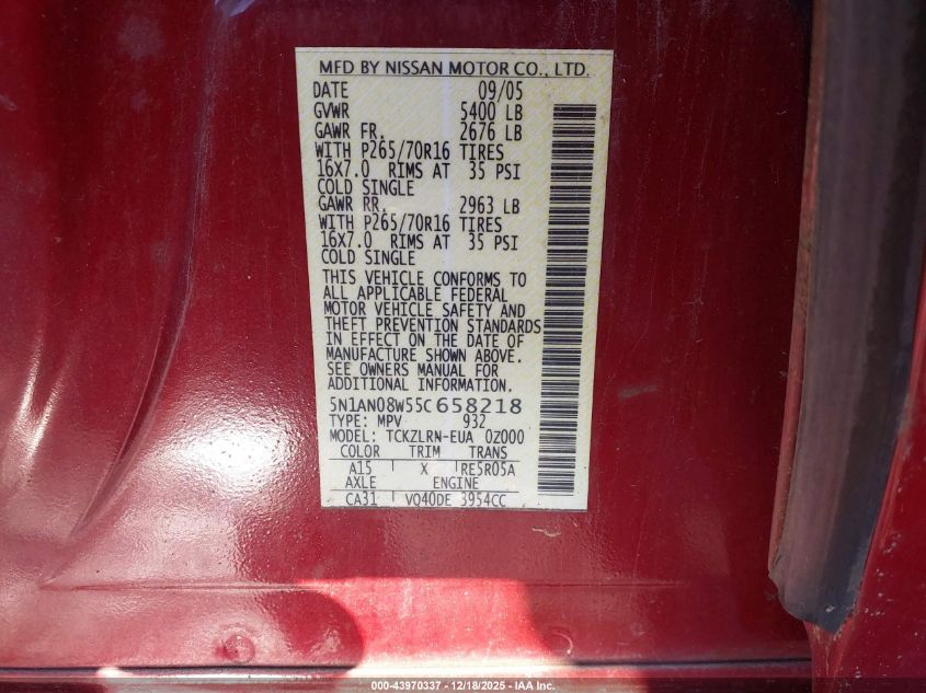 2005 Nissan Xterra S VIN: 5N1AN08W55C658218 Lot: 43970337