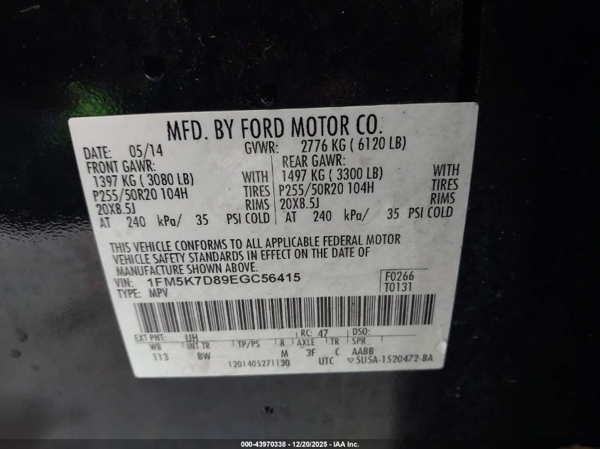 2014 Ford Explorer Xlt VIN: 1FM5K7D89EGC56415 Lot: 43970338