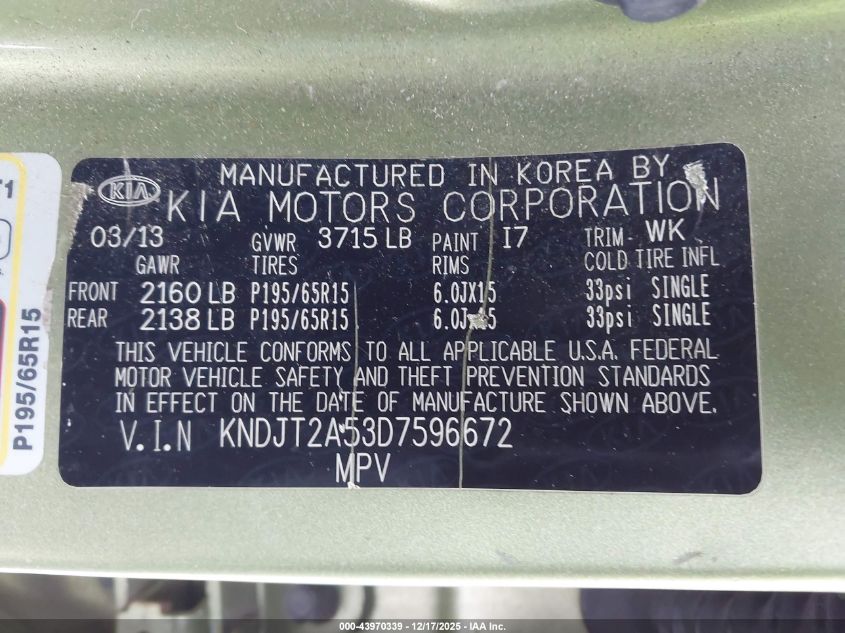 2013 Kia Soul VIN: KNDJT2A53D7596672 Lot: 43970339