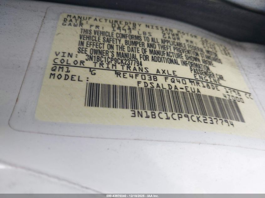 2012 Nissan Versa 1.8 S VIN: 3N1BC1CP9CK237794 Lot: 43970340