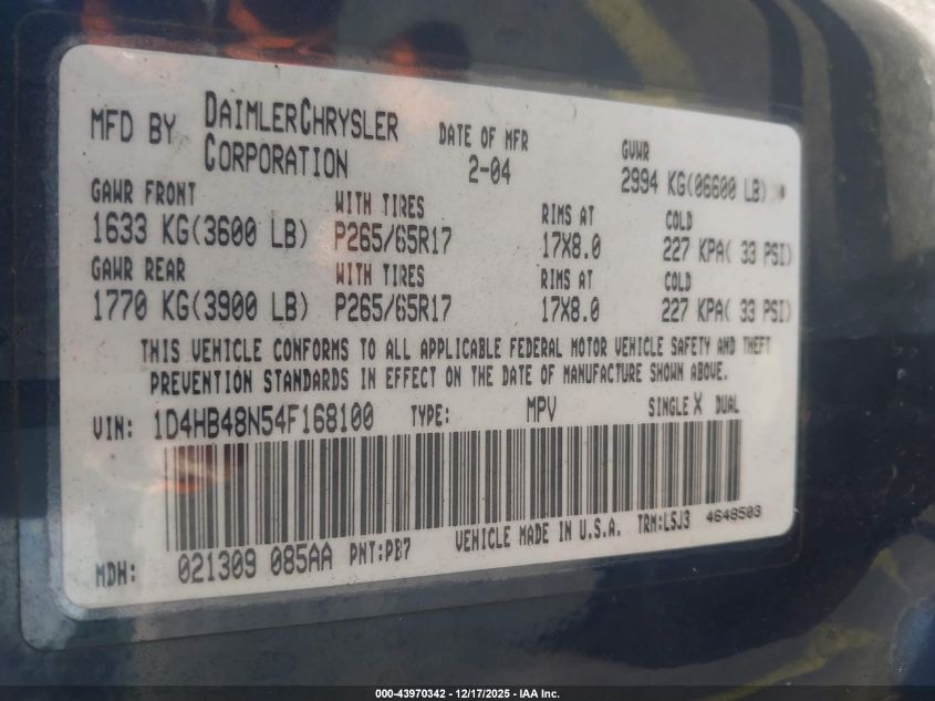 2004 Dodge Durango Slt VIN: 1D4HB48N54F168100 Lot: 43970342