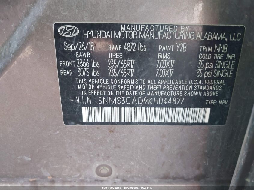 2019 Hyundai Santa Fe Sel VIN: 5NMS3CAD9KH044827 Lot: 43970343