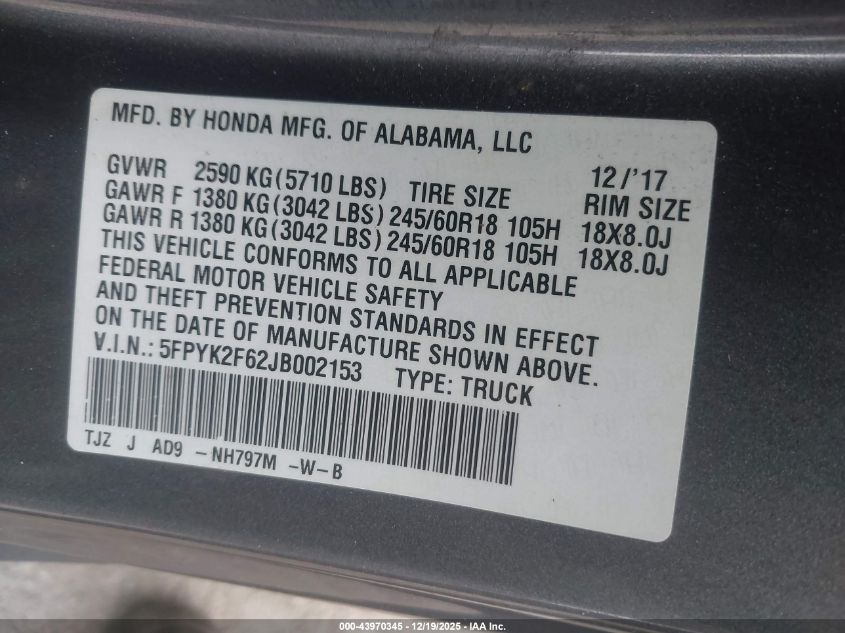 2018 Honda Ridgeline Rtl-T VIN: 5FPYK2F62JB002153 Lot: 43970345