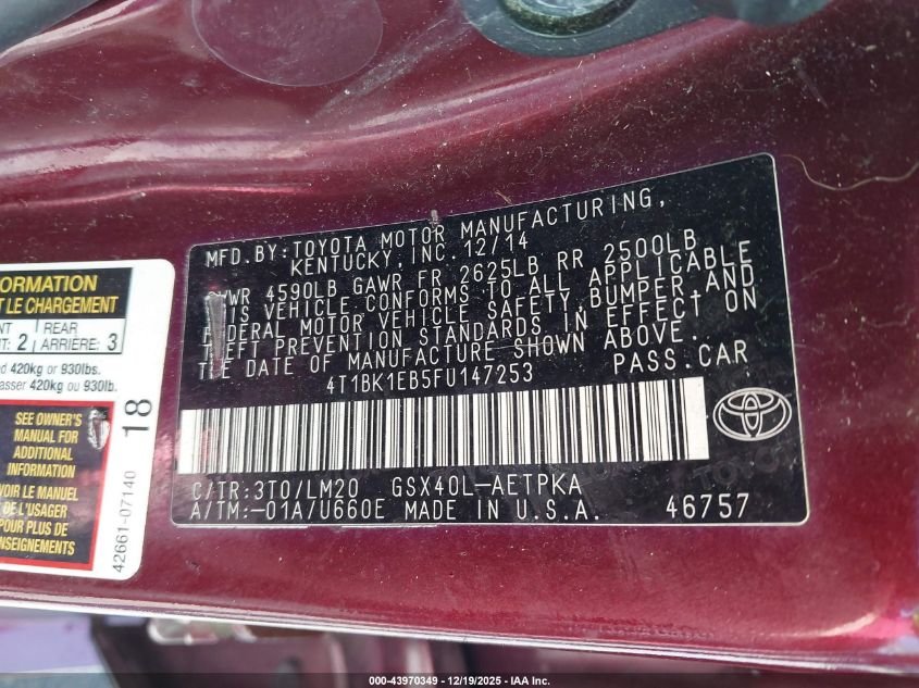 2015 Toyota Avalon Limited VIN: 4T1BK1EB5FU147253 Lot: 43970349